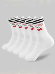 10 Pares de Meias Crew Femininas com Listras Pretas e Brancas e Estampa de Cereja, Adequadas para Esportes e Uso Diário