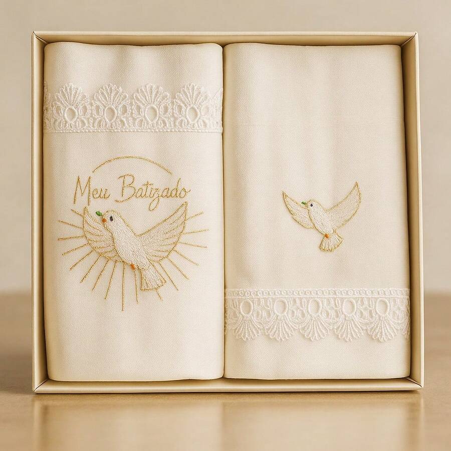 My Baptism Kit With 2 Pieces In The Box – 32x32cm Burp Cloth + 70x68cm Diaper, Luxury Central Embroidery - Immediate Shipping - trắng - Xem 1