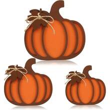 3 Pcs Fall Pumpkin Wooden Signs Decorations 3D Pumpkin Tabletop Sign Autumn Pumpkins Tiered Tray Decor Fall Pumpkins Wood Blocks Autumn Harvest Thanksgiving Home Kitchen Farmhouse Table Decor - Orange - View 2