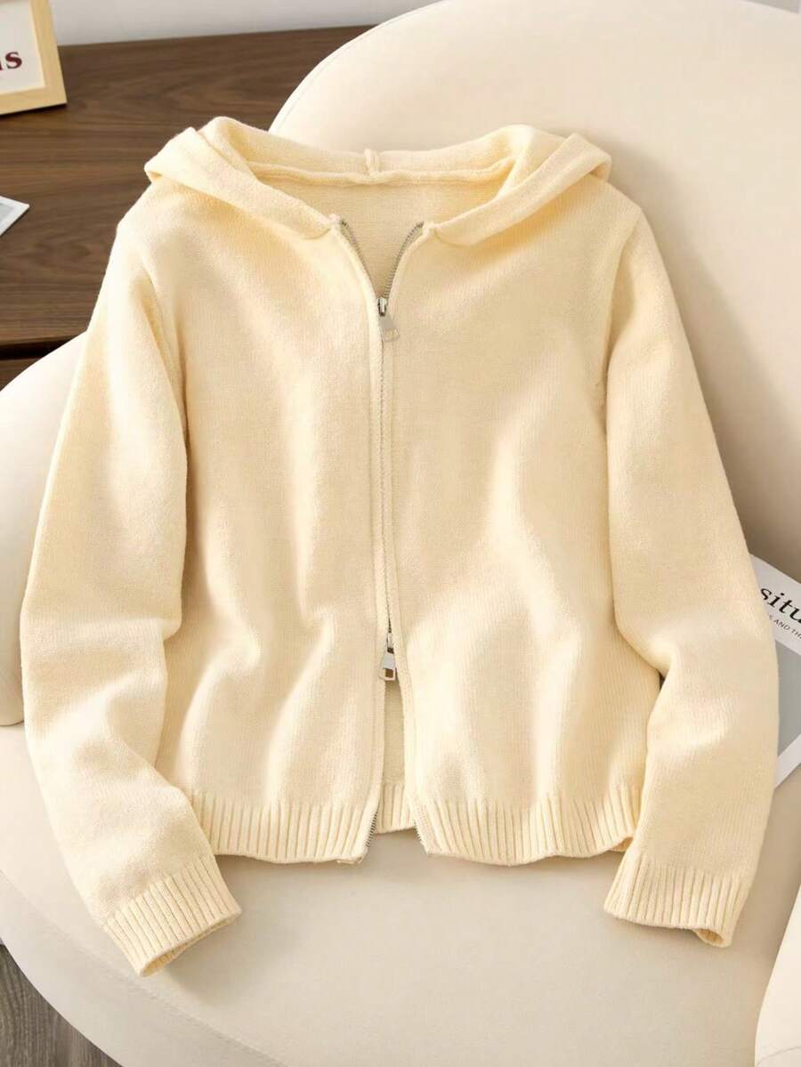 Áo khoác cardigan dệt kim ngắn rộng rãi có khóa kéo, có mũ trùm đầu cho nữ, Thu/Đông - Màu be - Xem 1