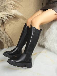 2025 New Uniform Boots For Women, Round Toe Thick Heel Mid-Calf Boots With Rear Zipper, Waterproof Platform Design, Suitable For All Seasons, Black Knee-High Boots For Daily Outdoor Commute, Fashionable Women's Long Boots, Elongating Legs
