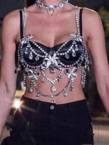 Sequin Bow Tie Camisole Top With Tassels And Body Chain, Ideal For Parties, A Dazzling Blouse - Multicolor - View 6