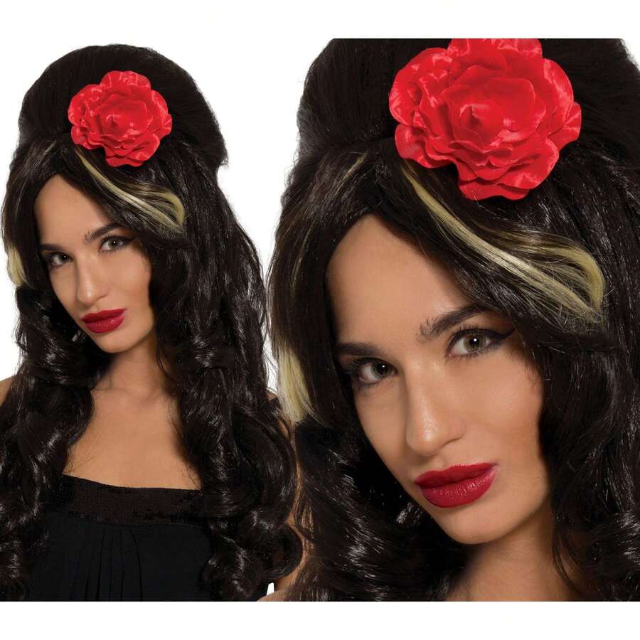 Fiestas Guirca Parrucca Pop-Star con Fiore per Ragazze, Costume per Festa per Bambini, Abito Accattivante e Glamour con Dettaglio di Fiore Rosso, Perfetto per Compleanni, Feste a Tema e Celebrazioni - Multicolore - Visualizzare 1