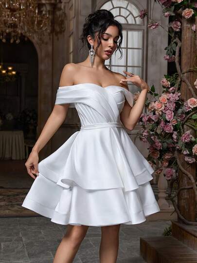 YUMIBRAVO Abiti da sposa stile balletto bianchi per donne, abiti da sposa per spose, abiti da compleanno, abito da ballo in raso a palloncino con spalle scoperte, abiti da cerimonia corti, abito da sposa romantico senza spalline con strati, silhouette a-line, perfetto per matrimoni classici, abiti da laurea, outfit da compleanno per donne