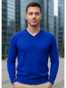 Men's Cold Weather Blouse | Men's Knitted Sweater | Winter Knitted Wool Pullover Long Sleeve V-Neck - 寶藍色 - 查看 7