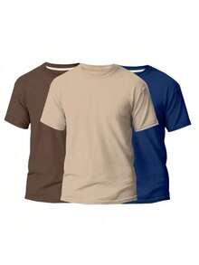 KIT 3 Basic Plain Men's T-Shirts 100% Cotton 30.1 - 棕色+米色+海軍藍 - 查看 1