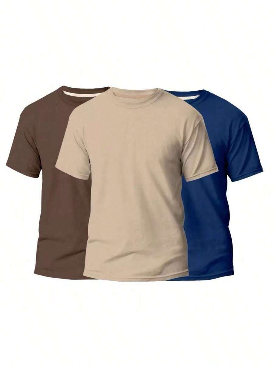 KIT 3 Basic Plain Men's T-Shirts 100% Cotton 30.1 - 棕色+米色+海軍藍 - 查看 1