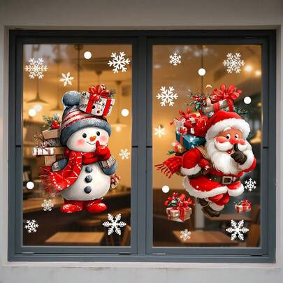 Christmas Window Decorations, Funny Santa Claus And Snowman Snowflakes Window Stickers, Reusable Indoor Home Christmas Holiday Winter Party Decorations