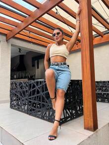 Bermuda Jean Shorts High Waist Without Lycra Knee Length Simple Casual High Waist Street Fashion Premium Cotton Fabric - Rửa trung bình - Xem 5