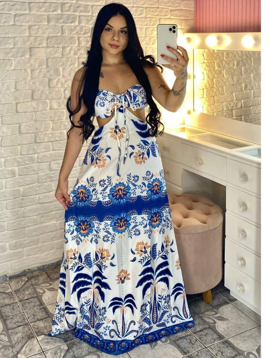 Long Printed Dress With Padded Summer 4 Ways To Wear It - 花藍色 - 查看 1
