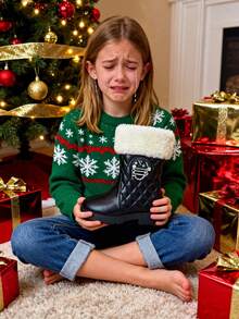 2024冬季新款女童复古菱形毛绒短靴，黑色PU亮面仿毛皮翻边厚底雪地靴，金属装饰防滑保暖靴，日常、校园、派对、冬季郊游必备 - 备受好评的舒适儿童靴 - 黑色 - 查看 16