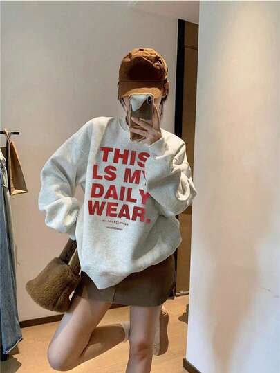 女士宽松圆领印花卫衣上衣，秋季款