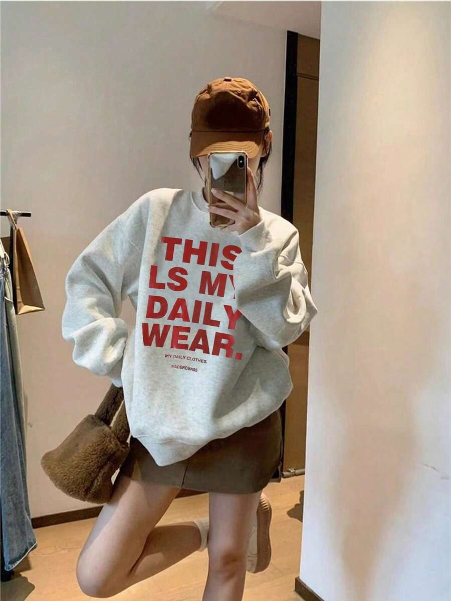 Women's Loose Fit Round Neck Printed Sweatshirt Tops, Autumn - Light Grey - View 1