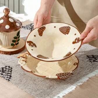 Magical Mushroom House Dinnerware Set – Handcrafted 3D Mushroom Design, Embossed Hand-Painted Underglaze – Dinner Plate, Soup Plate, 8-Inch Plate, Spoon – Multi-Purpose Tableware For Daily Use, Home Decor & Gifting