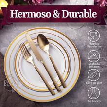 Vajilla Elegante Reutilizable Color Oro 125 piezas: 50 platos con orilla dorada, 25 cucharas doradas, 25 tenedores dorados, 25 cuchillos dorados, para 25 invitados - Blanco con Oro - Ver 5