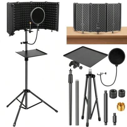 Microphone Stand With Isolation ShieldRecording Studio Equipment With Pop Filter Tripod Stand Foldable Mic Shield With Sound Insulation For Recording Studio Podcasts Broadcasting