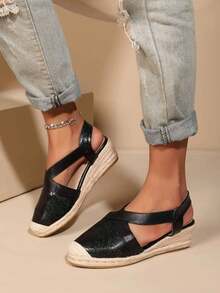 Closed Toe Shiny Rubber Breathable Deep Instep Fashion Lightweight Hemp Rope Wedge Sandals For Women - Black - View 5