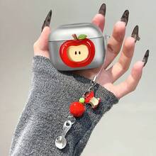 Red Apple + Pendant Design Protective Case Compatible With Apple 1/2, 3, Pro/Pro 2/Pro 3 Wireless Earphones, Anti-Scratch And Drop Protection - Silver - View 1