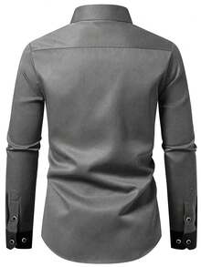 Men's Solid Color Long Sleeve Single-Breasted Casual Dress Shirt - Grey - View 2