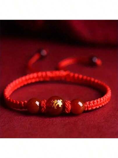 1 件十二生肖玛瑙串珠手链，红绳情侣手链，龙、马、鸡、兔
