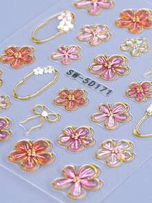 2 PCS Pink Flower Petal 3D Nail Stickers Elegant Flower Gold Edge Line Geometry Designs Nail Art Decals For Acrylic Nails DIY Spring Self-Adhesive Manicure Decoration Supplies - Multicolor 2 - 查看 6