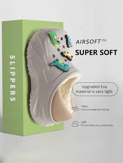 1 Pair Kids Thermal Lined Clog Slippers, Cute Cartoon Dinosaur Design, Warm Comfortable Non-Slip Indoor/Outdoor Wear