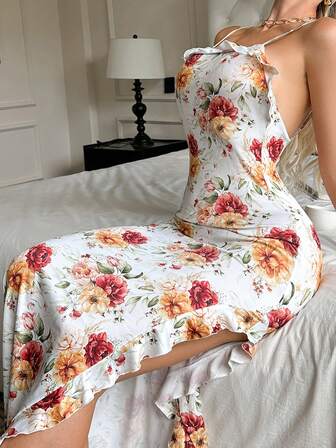 Women's Soft Floral Print Robe, Sexy Open Back Nightgown