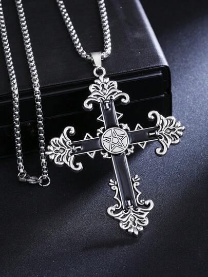 1pc Vintage Gothic Style Black Cross Pendant Necklace, Personalized Gift For Men, Stainless Steel Long Sweater Chain For Daily Wear