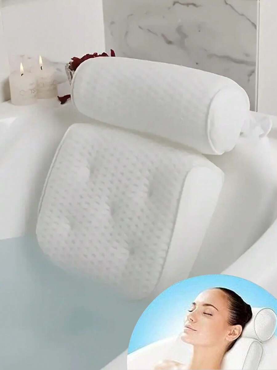1pc Bathtub Pillow, Neck And Back Support, 4D Mesh Bath Pillow With 6 Suction Cups And Hooks, Bathroom Accessories, Comfortable Bathing, Bath Sponge, Body Scrub, Bathroom Set, Bathroom Accessories Set, Bath Sponge, Bath Gloves - White - View 1