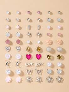 1 Set Of 30 Pairs Of Stud Earrings Set Ladies Faux Pearl Heart Artificial Crystal Pink Girl Flower Letter Butterfly Snowflake Holiday Gift Earrings Valentines,Mom,Mother,Mother's Day,Gift - Multicolor - View 12