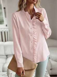 Women's Casual Striped Ruffle Hem Blouse - Dusty Pink - View 3