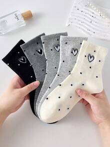 5 Pairs Women's Cute Heart&Polka Dot Ankle Socks Crew Socks Short Socks, White Socks, Black Socks, Casual Comfortable Mid-Calf Socks, Preppy Style Student Socks School Socks, Christmas Gift, Colors Random, Suitable For Daily Wear And Outings, For All Seasons - Multicolor - View 3