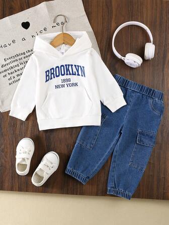 2pcs Baby Boys Casual Letter Print Sweatshirt And Cargo Pocket Denim Pants Set, Suitable For Autumn/Winter, Everyday Wear Or Outdoor Play