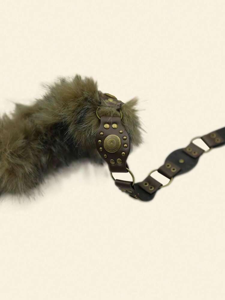 1pc Women's Vintage Personalized Rabbit Fur PU Leather Warm Niche Belt, Black - Black - View 4