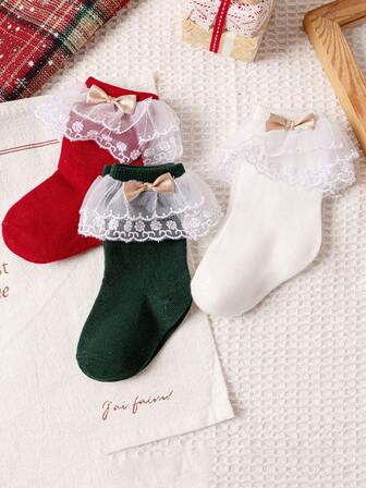 3双/批 女婴袜子 秋冬儿童大蝴蝶结及膝长筒柔软可爱儿童圣诞袜 红色新生儿袜子 适合0-3岁