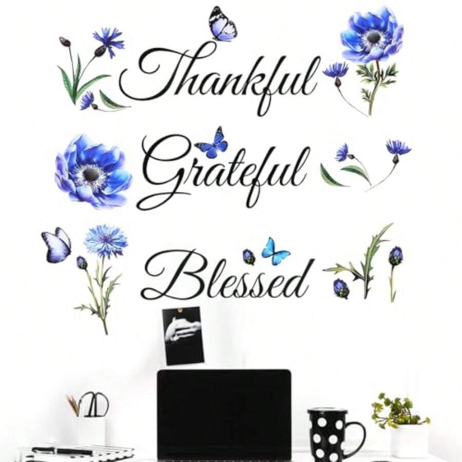 Inspirational Sticker Quote Grateful Thankful : Removable Peel And Stick Wall Decor For Family Room Kitchen Living Room Dining Room Motivational Quotes Wall Art With Positive Vibes And Uplifting Messages For Home Decoration