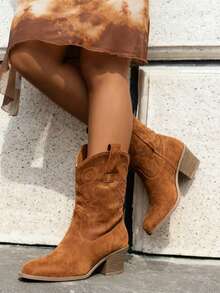 Women's Pointed Toe Mid-Calf Boots, Embroidered Suede Thick Heel Boots Pull-On Embroidered Brown Western Style Boots, Round Toe Mid-Calf Casual Riding Boots, Fashionable And Versatile Short-Barrel Cowboy Boots, New Autumn And Winter Styles - 咖色 - 查看 4