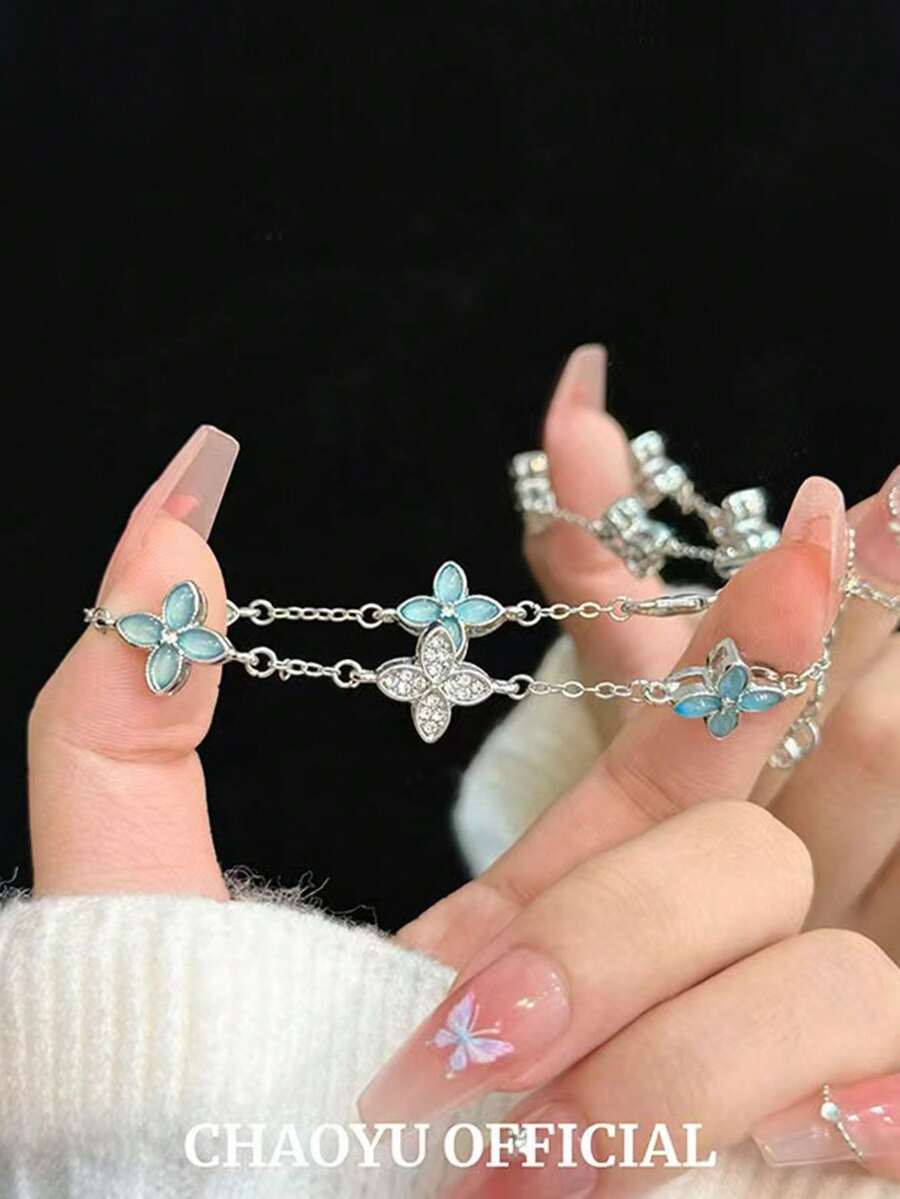 1 件不锈钢时尚、简约、百搭、优雅、韩式、精致、奢华、小众设计、时尚、大方、知性罗马数字手链，适合女士，适合日常佩戴 - 銀藍色 - 查看 1