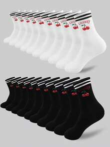 10 Pares de Meias Crew Femininas com Listras Pretas e Brancas e Estampa de Cereja, Adequadas para Esportes e Uso Diário