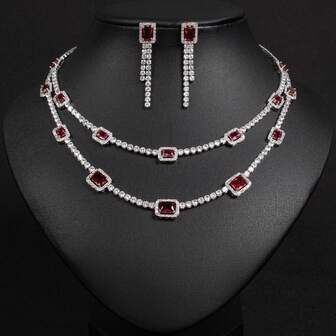 3 件套/金/银女士珠宝套装、项链套装、珠宝套装、配饰套装、多层吊坠、方晶锆石镶嵌、耳环、项链、珠宝套装、适合女性、节日、派对、宴会、女士时尚珠宝、女士珠宝套装、女士配饰套装、礼物