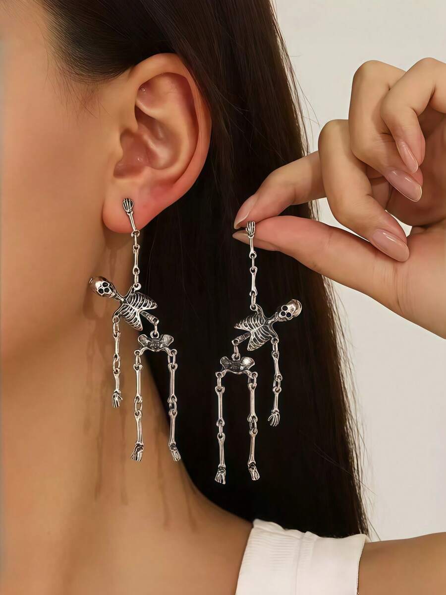 Punk Halloween Earrings For Women, Spooky Skull Skeleton Dangle Earrings For Women, Drop Earring,Scary Halloween Party Earring For Halloween Accessories