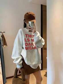 Women's Loose Fit Round Neck Printed Sweatshirt Tops, Autumn - Light Grey - View 3