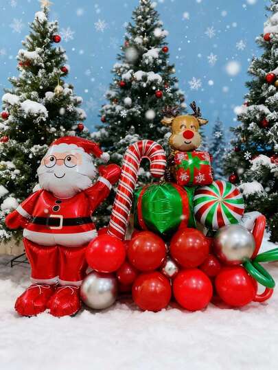 30 piezas Conjunto de decoración de globos de Papá Noel para Navidad, globos para fiesta de Navidad, Papá Noel rojo y plateado saludando, molinillos de viento navideños, renos sosteniendo regalos, bastones de caramelo, decoraciones para fiesta de Navidad, globos para fiesta de cumpleaños, conjunto de decoración para ambiente navideño