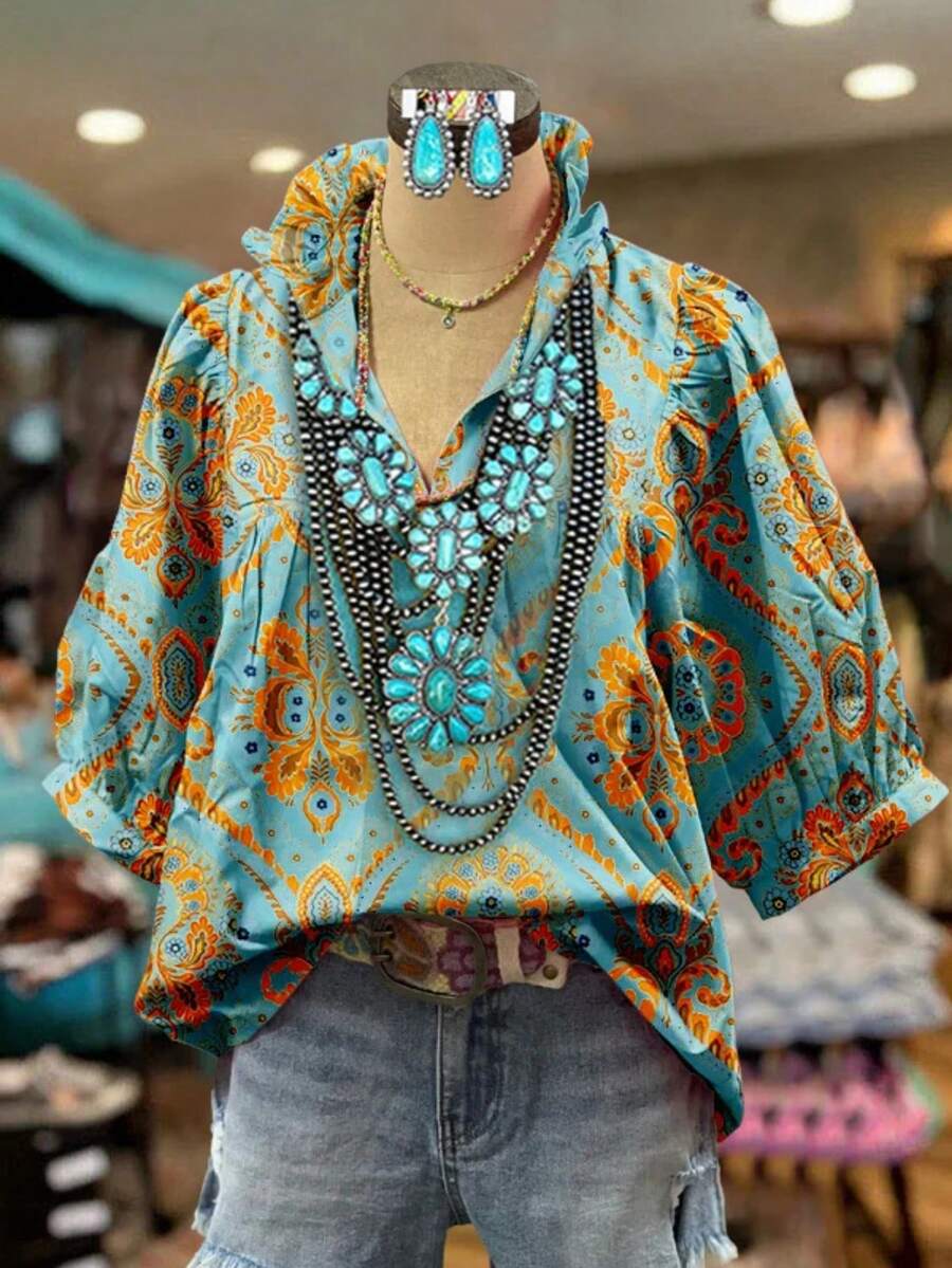 Women'S Halloween V-Neck Blouse With Lace Trim & Ruffled Sleeves - Spooky Cat Print Long Sleeve Shirt In Purple, Orange, And Black - Casual Fall Top For Women, Halloween Clothing | Playful Print Top | Lace Trim Detail - 彩色 - 查看 1