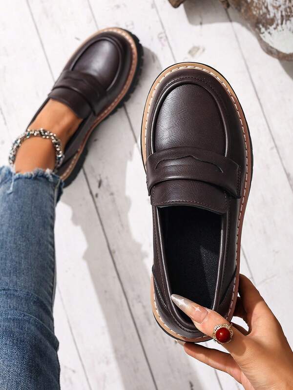 Mocassini da donna slip-on, scarpe casual con punta tonda e suola spessa, stile college alla moda