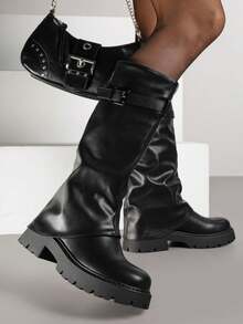 VICES Wrinkled Boots With Turn-Up Shaft And Buckle - Black - View 2