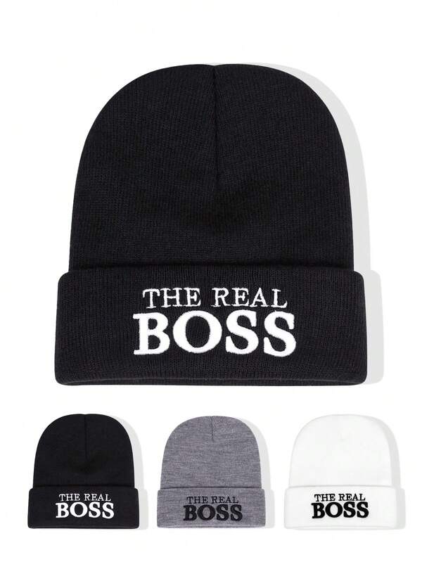 1 peça de gorro de malha bordado "The Real Boss", gorro de malha de inverno versátil e casual, quente e adequado para deslocamento diário