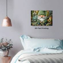 1pc Vintage Style Canvas Wall Art Decoration A Cute Happy Gnome In The Garden With Many Cacti And Succulents For Home Office Bathroom Living Room Hallway Dining Room Bedroom Decoration.Stretched And Framed Ready To Hang.