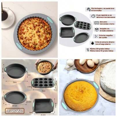 Moldes de Silicona para Hornear Antiadherente, Juego de 4 piezas antiadherentes para horno de silicona, Molde Magdalenas, Molde Redondo, Molde Cuadrado, Molde pizza