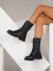 女士时尚百搭系带中筒/踝靴/短靴/摩托车踝靴，高鞋面防滑靴，休闲舒适侧拉链户外靴，骑行户外黑色靴，秋冬靴，户外靴，过膝靴 - 黑色 - 查看 5